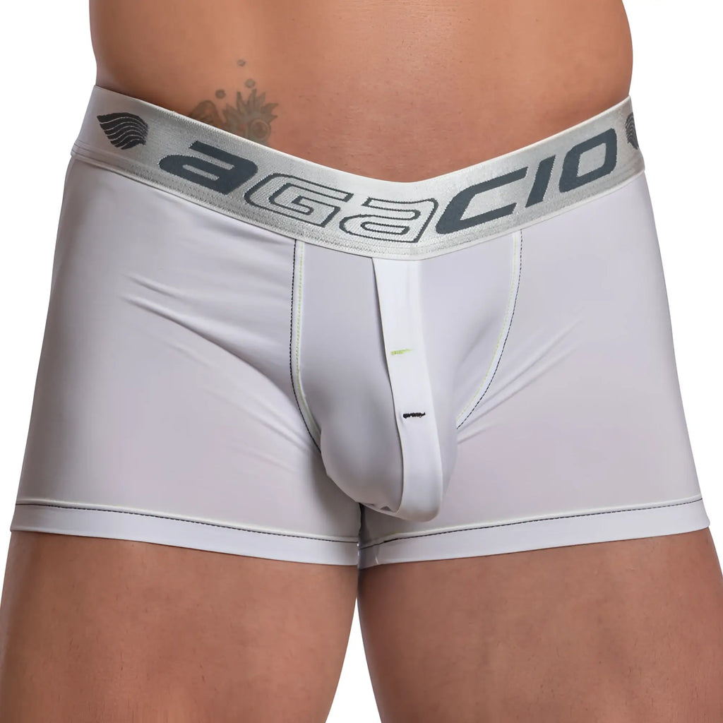 White agacio agg070 men’s boxer trunk briefs with silver waistband featuring brand name and wing logo