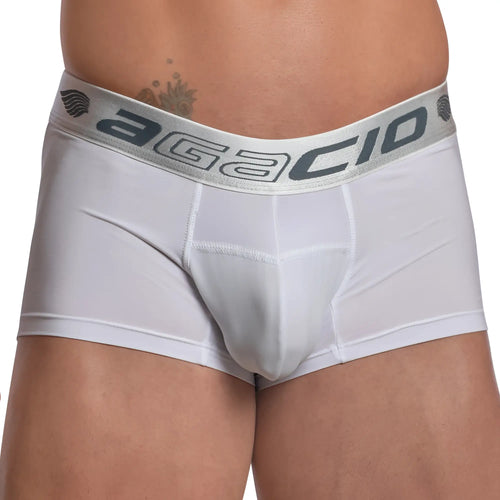 White agacio men’s briefs with gray elastic waistband featuring brand logo agacio agg071 boxer trunk front view