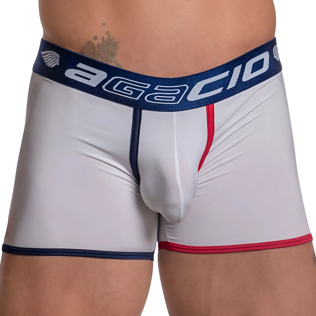 White agacio men’s boxer briefs agg072 with navy blue and red trim and branded waistband in tri-color sports design