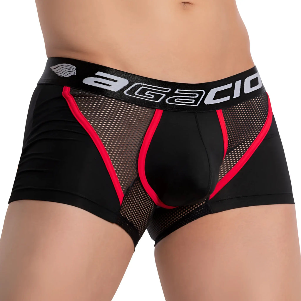 Black agacio men’s boxer trunks with red mesh panels and black waistband with white branding aggio agg073 strapped piping