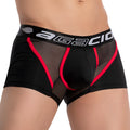 Black agacio men’s boxer trunks with red mesh panels and black waistband with white branding aggio agg073 strapped piping