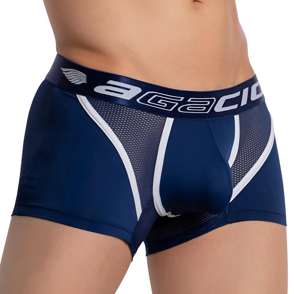 Navy blue agacio AGG073 strapped piping boxer trunk with white mesh panels and trim for men