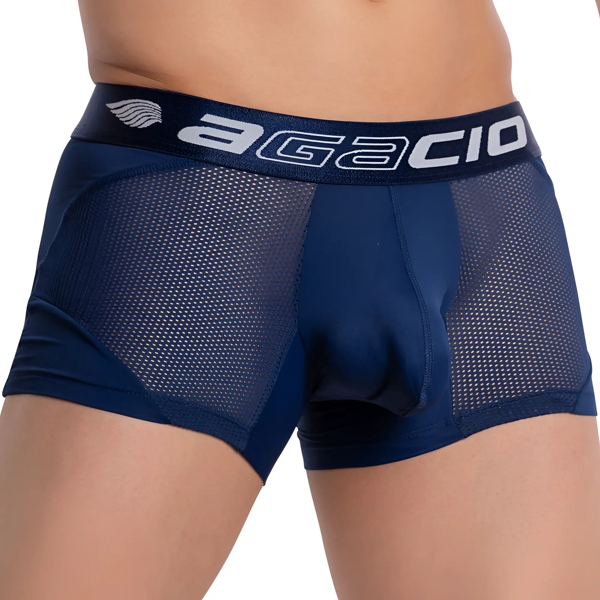Navy blue agacio agg074 athletic mesh boxer trunk with breathable mesh panels and branded waistband for comfort