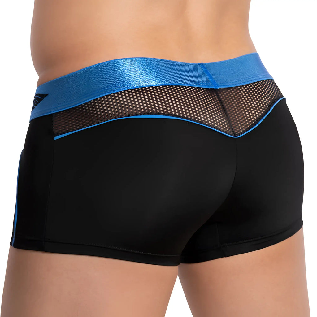 Black men’s boxer briefs agacio agg075 with shiny blue waistband and mesh panel detail centerseam bulge trunk