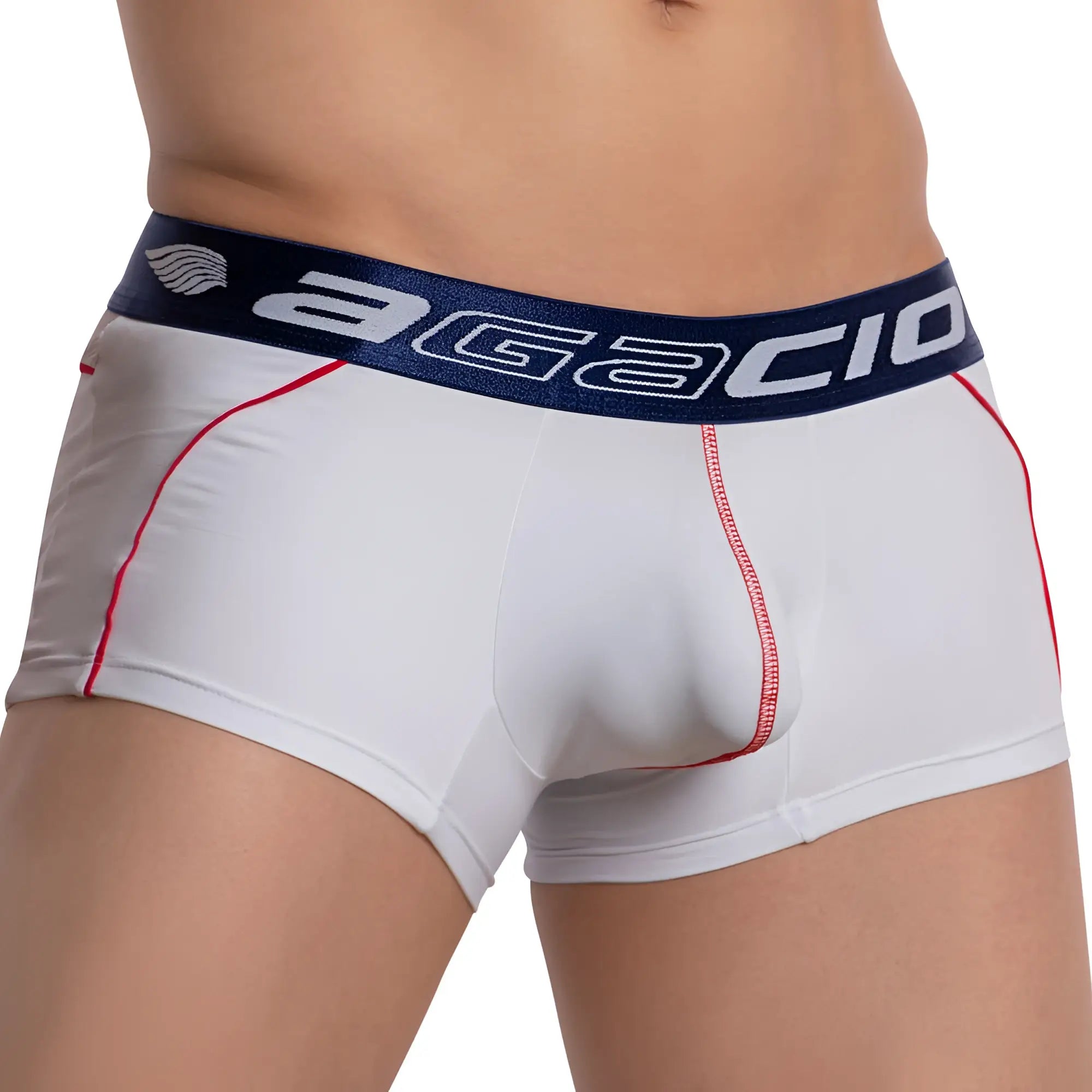 White agacio men’s briefs with navy blue waistband red stitching featuring centerseam bulge design