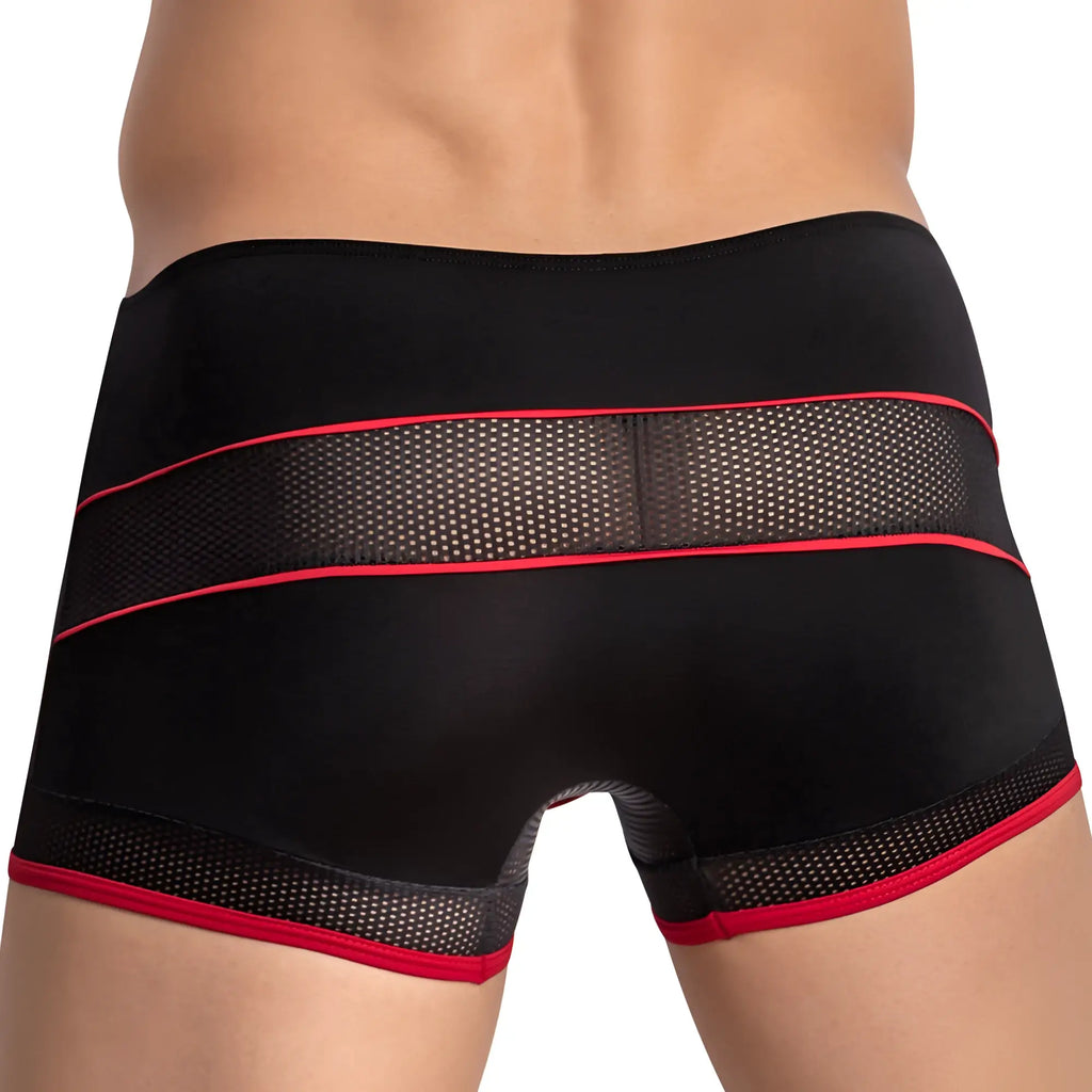 Black athletic briefs with red trim and mesh panels featuring agacio AGG076 sturdy bulge pouch boxer trunk design