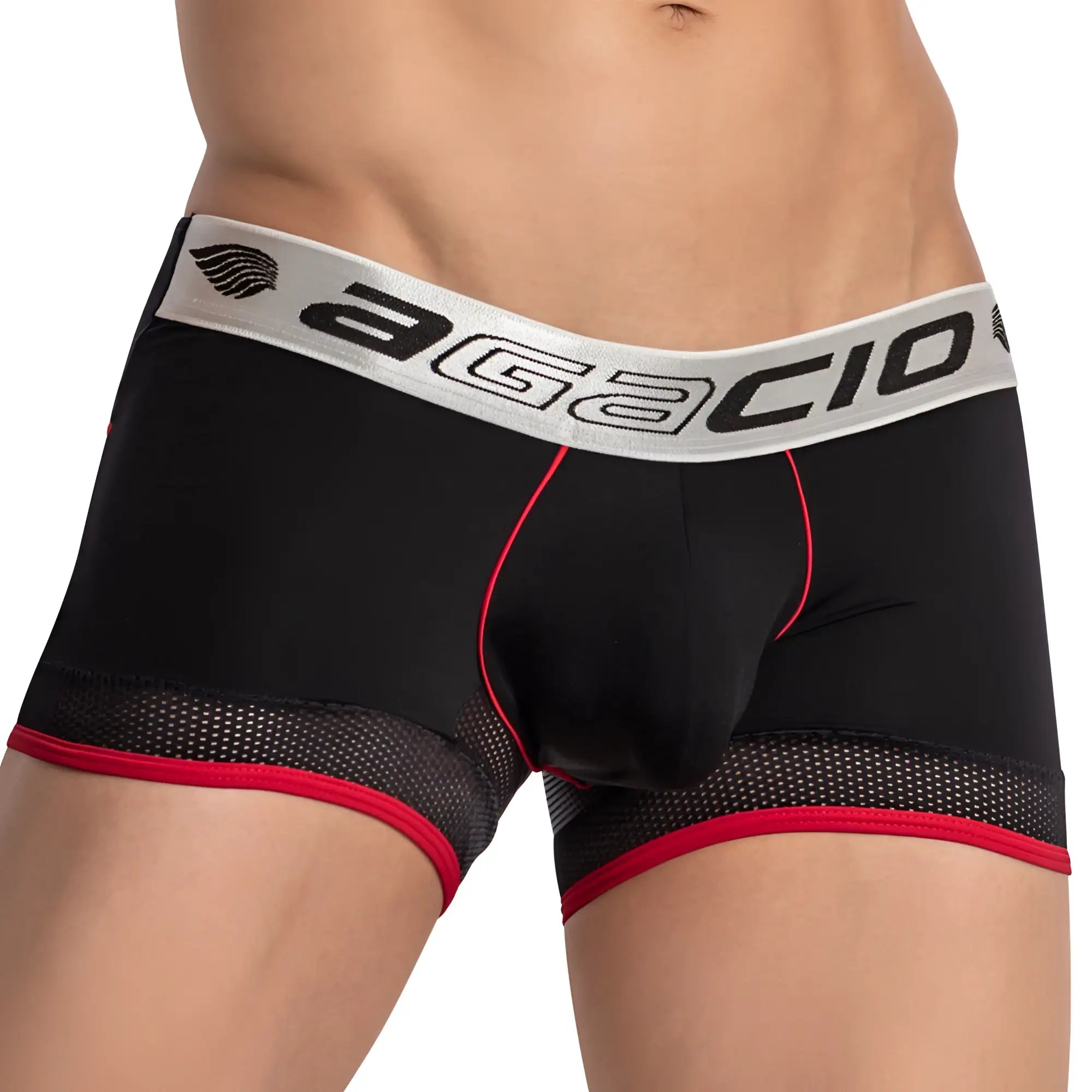 Black agacio men’s boxer briefs with red trim and mesh panels featuring sturdy bulge pouch design