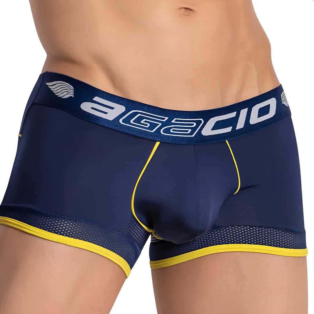 Navy blue agacio agg076 sturdy bulge pouch boxer trunk with yellow trim and mesh panels for men
