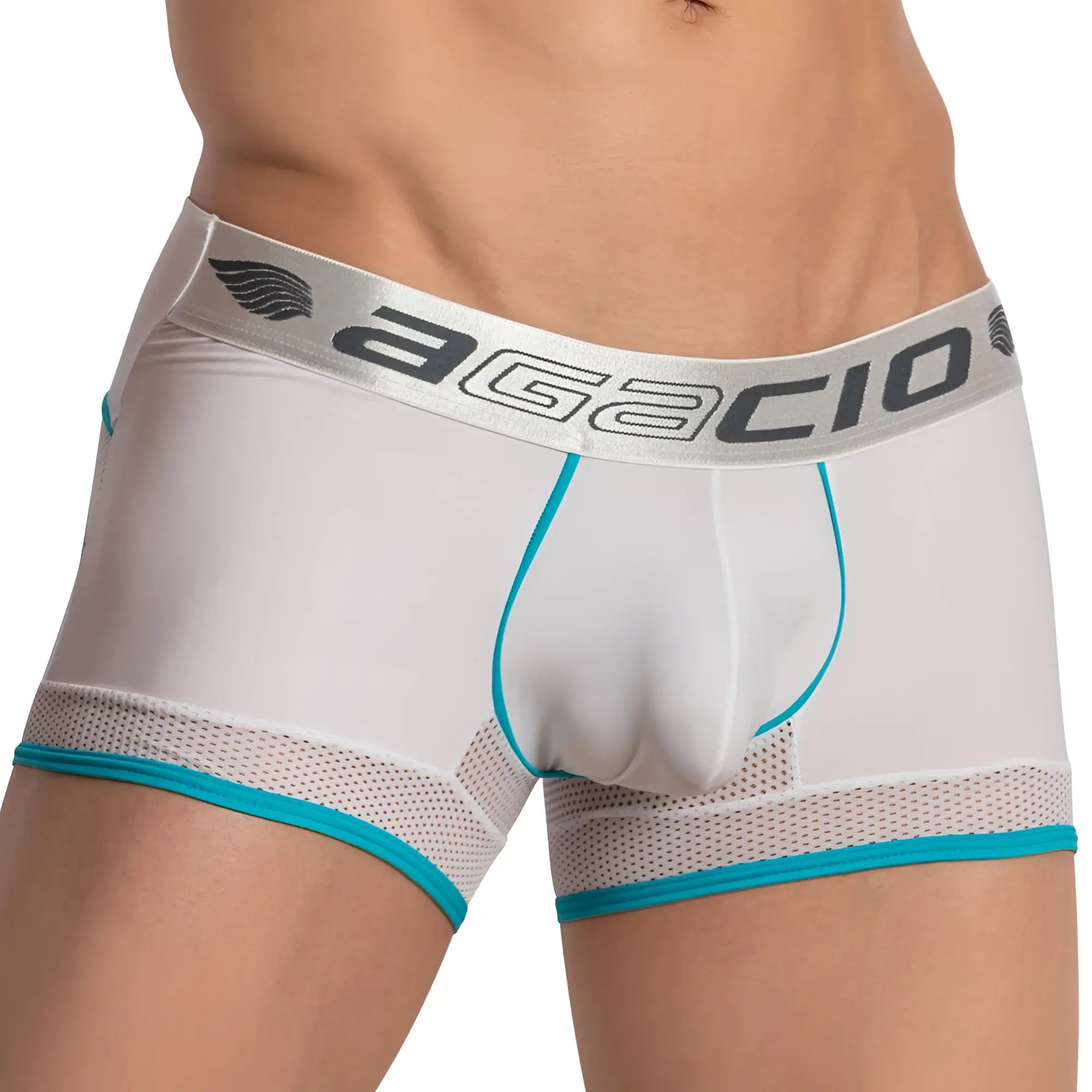 White agacio men’s boxer briefs with sturdy bulge pouch teal trim and mesh panels for support and comfort