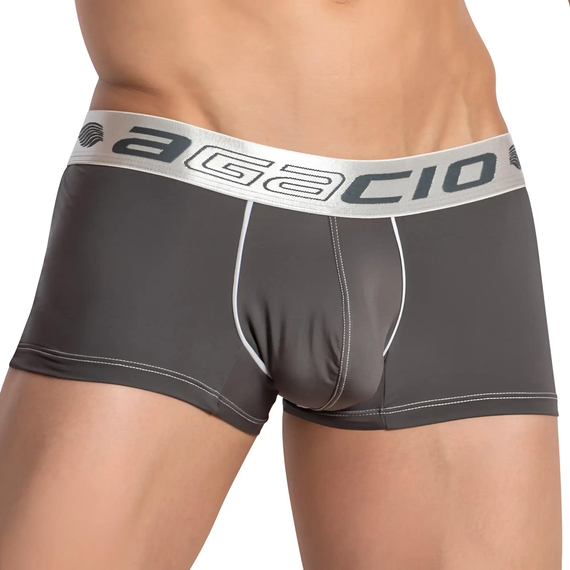 Gray agacio men’s briefs with sheer back boxer trunk design silver waistband with bold brand name and white stitching
