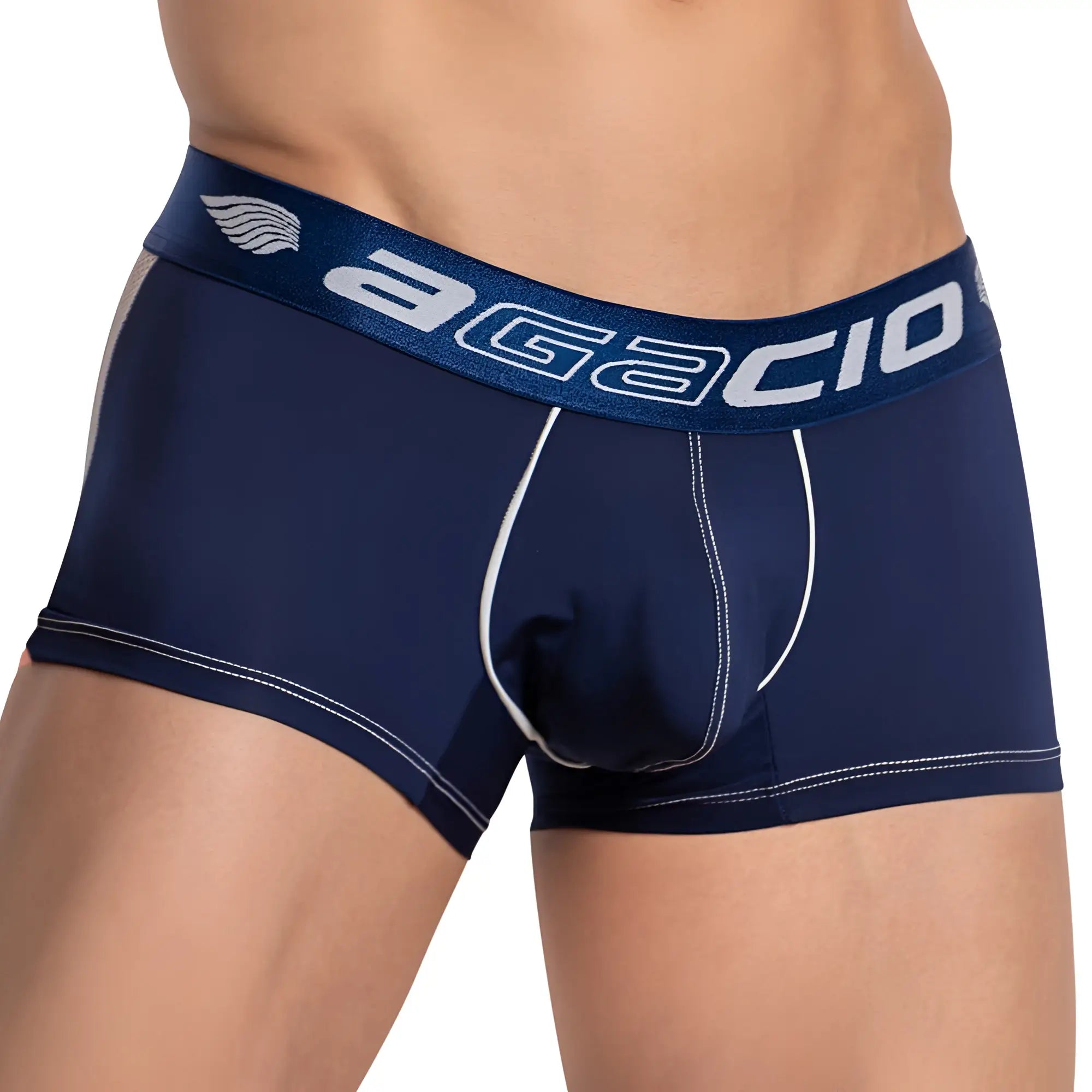 Navy blue agacio AGG078 sheer back boxer trunks with white stitching and branded waistband for men