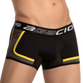 Black agacio agg080 multi color bulge boxer trunk with yellow and gray trim and side mesh panel for men