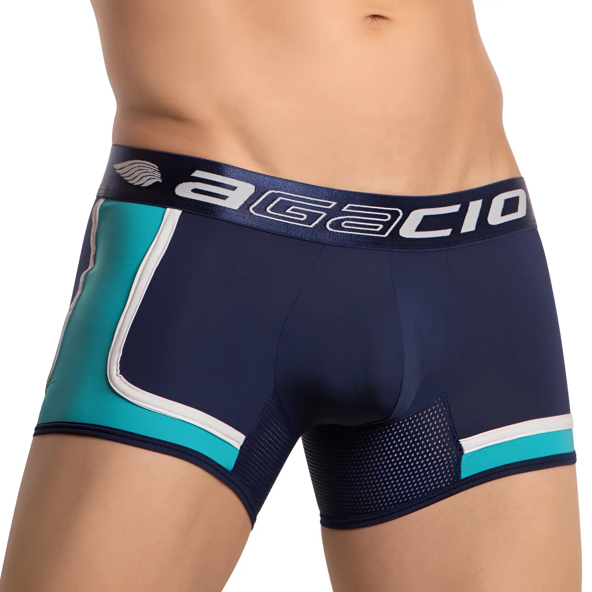 Navy blue and teal agacio agg080 men’s boxer trunk with white trim and breathable mesh paneling for comfort