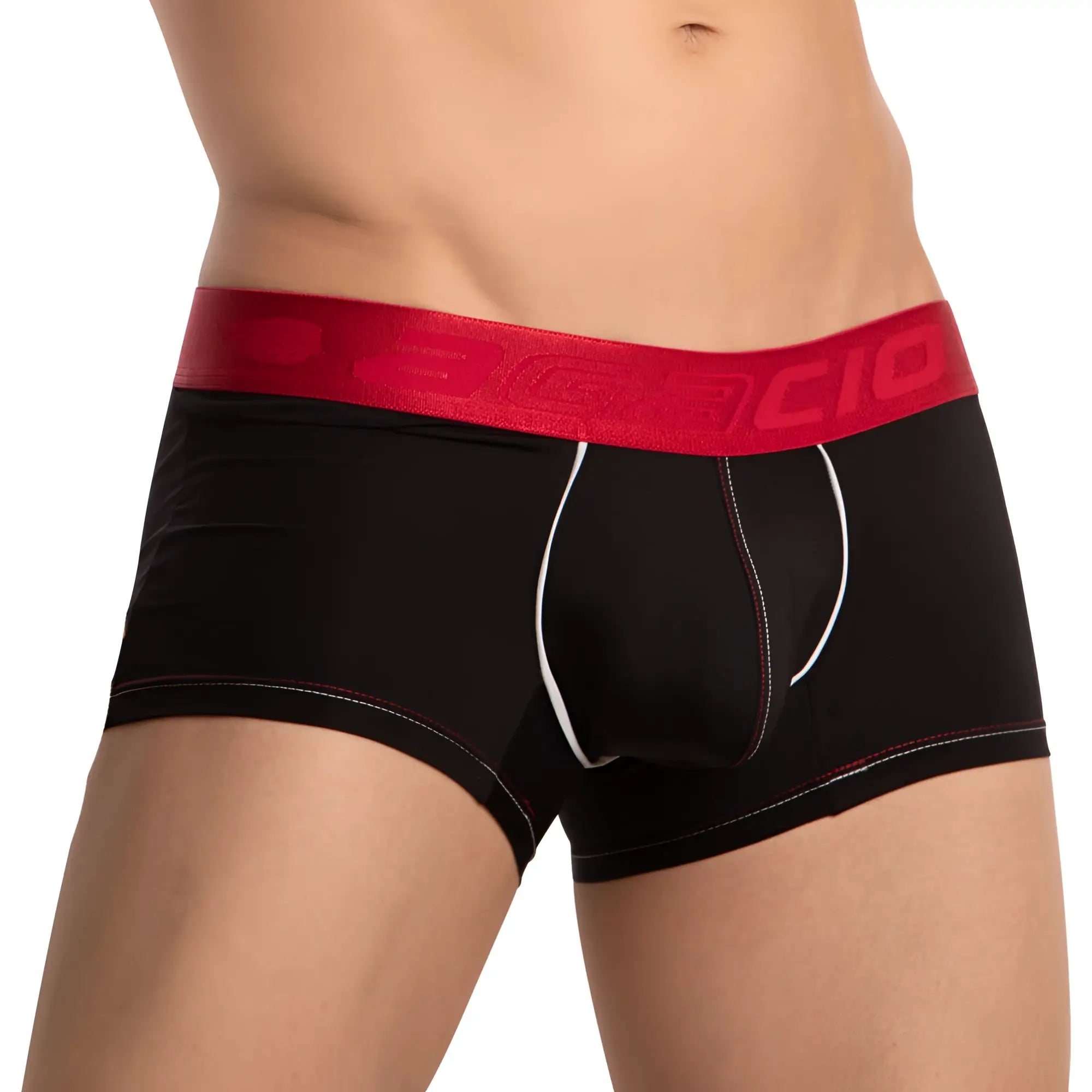 Black men’s briefs agacio agg081 with bold red waistband logo and white stitched piping accents along seams and inner legs