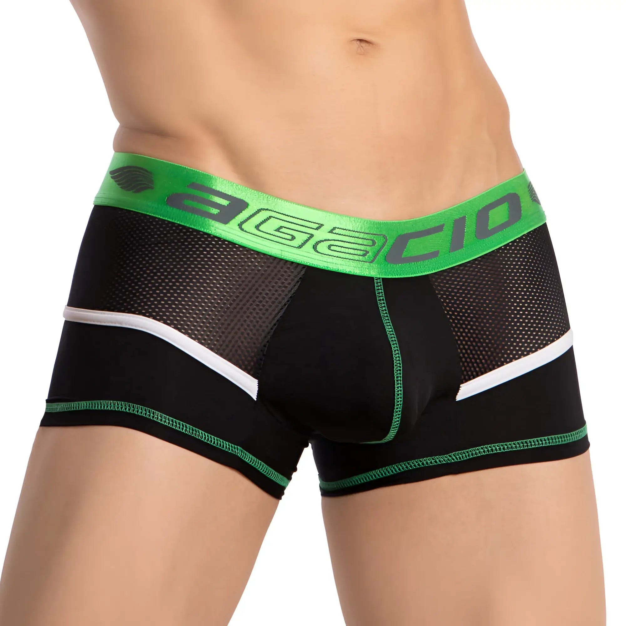Agacio AGG083 black and neon green mesh boxer trunks with white trim and branded elastic waistband