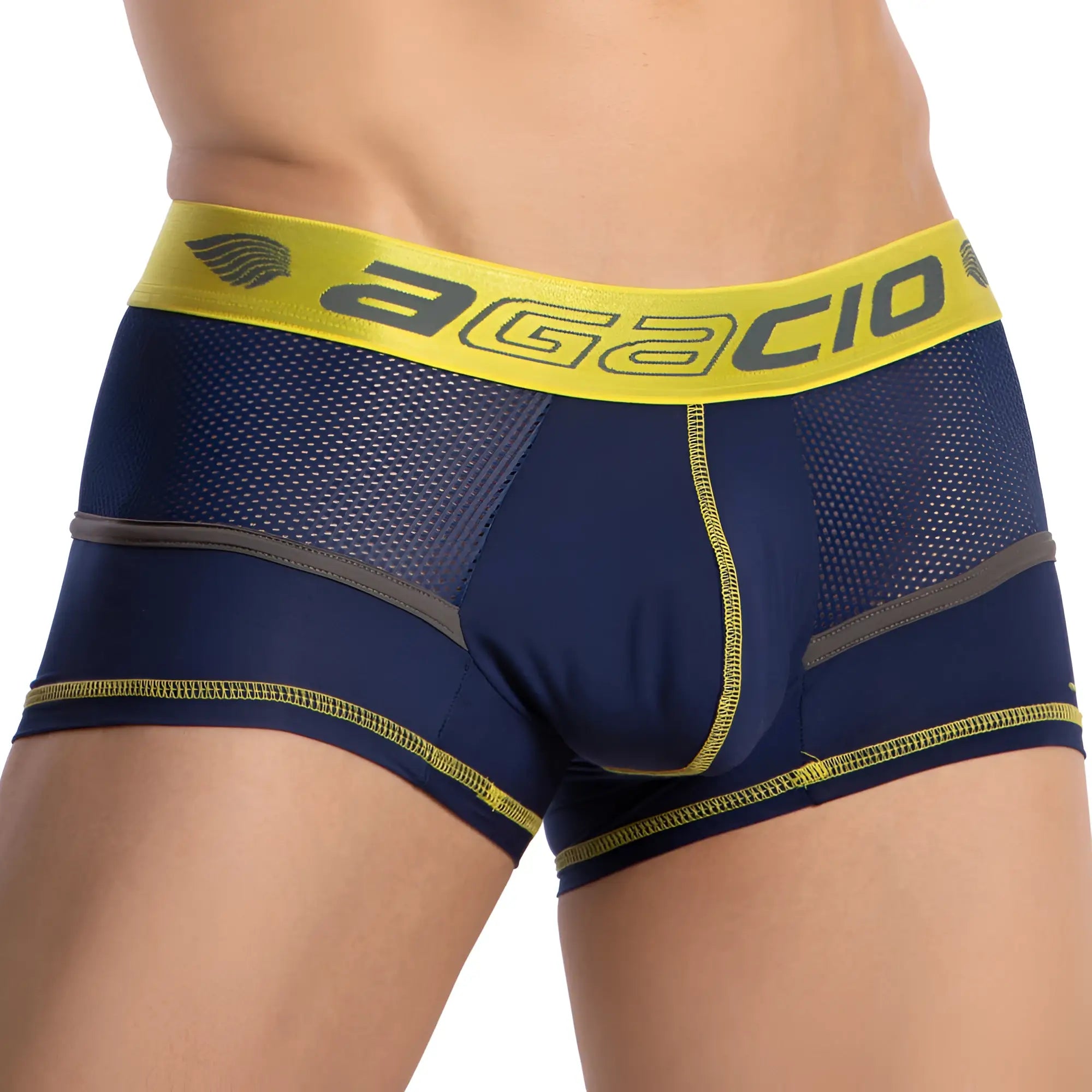 Agacio agg083 multi color piping navy blue and yellow men’s boxer briefs with mesh panels and elastic waistband