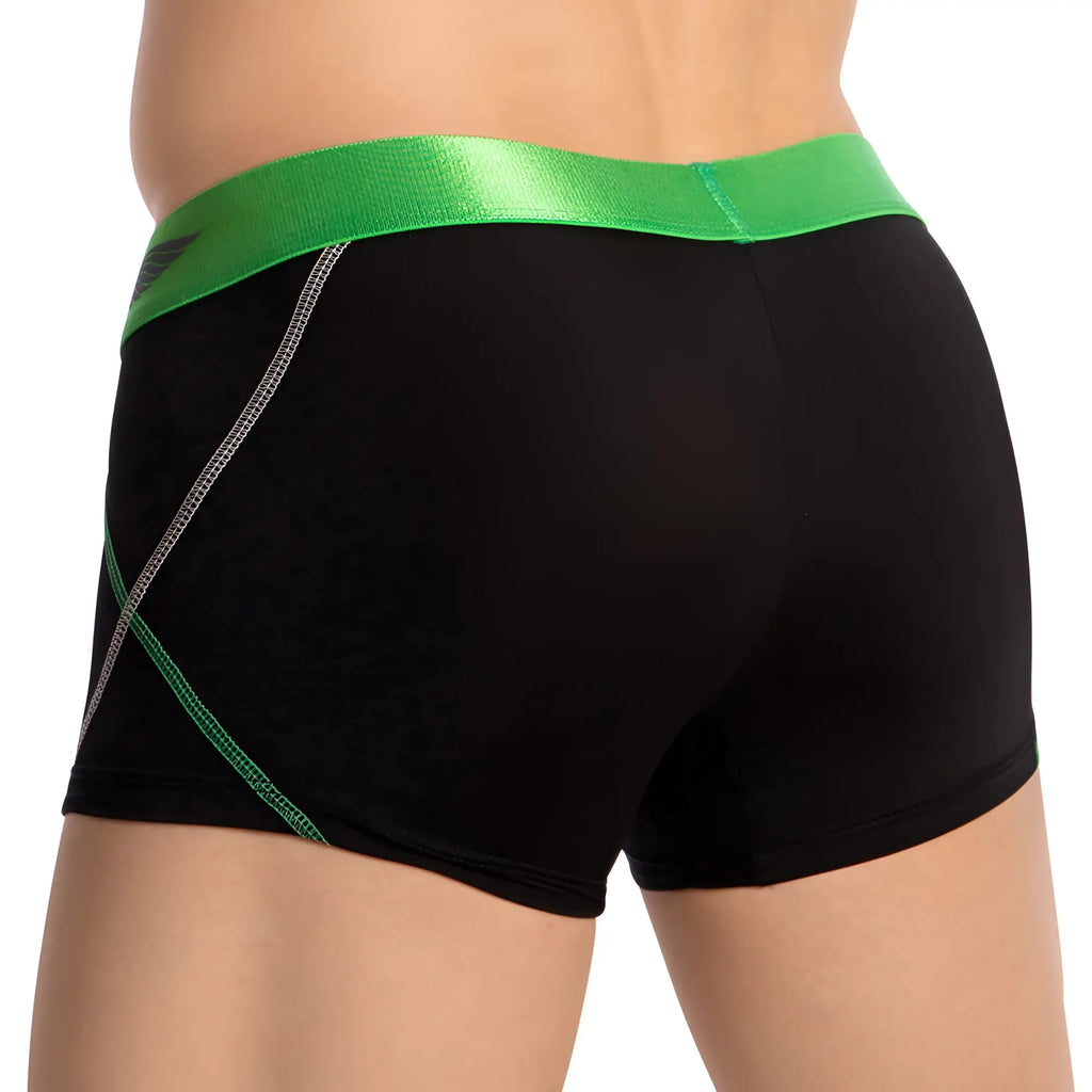 Agacio AGG084 boxer trunk black athletic briefs with shiny green waistband and green stitching along side seams