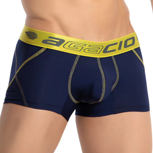 Navy blue agacio AGG084 boxer trunk with bright yellow waistband logo and matching stitching details