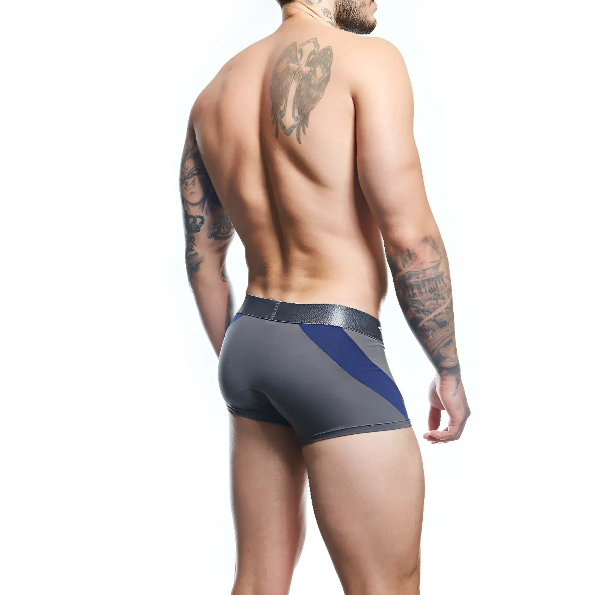Gray and blue Agacio AGG087 boxer trunk athletic briefs with a shiny black elastic waistband designed for active wear