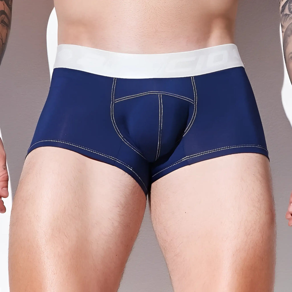 Navy blue Agacio AGG088 boxer trunk with white elastic waistband and contrasting light stitching for comfort and support