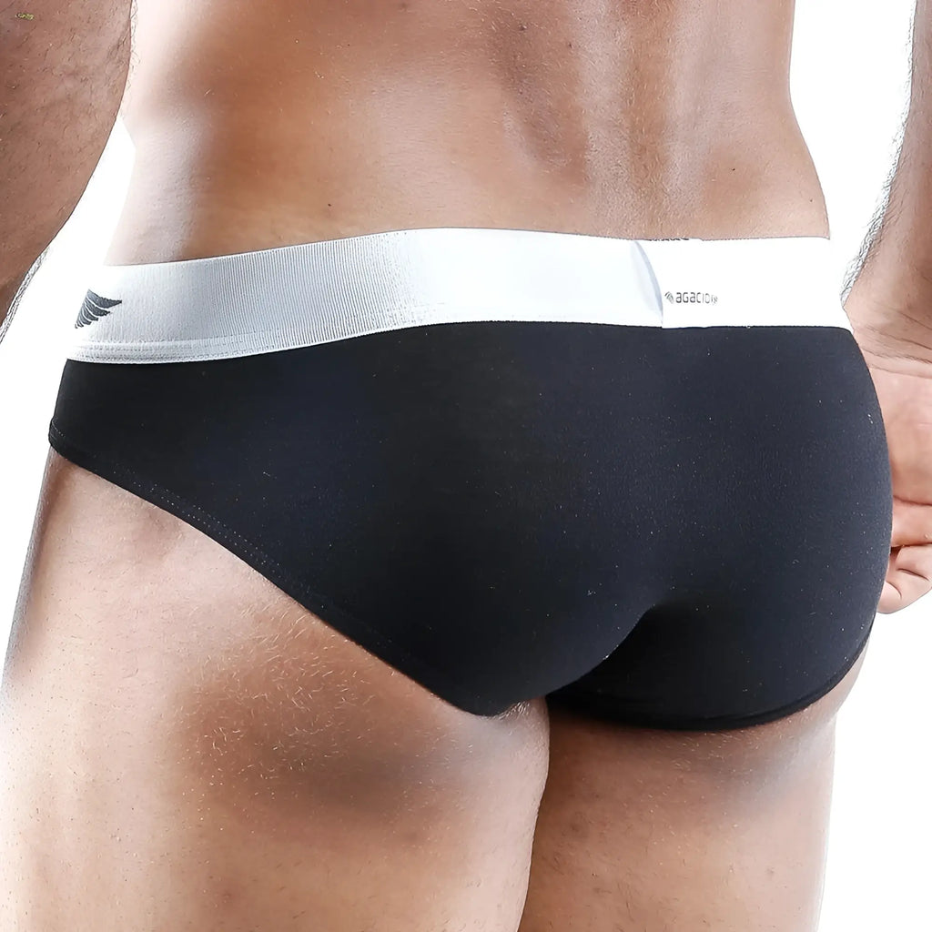 Black agacio AGH012 brief with white elastic waistband featuring agcow logo and wing emblem front view