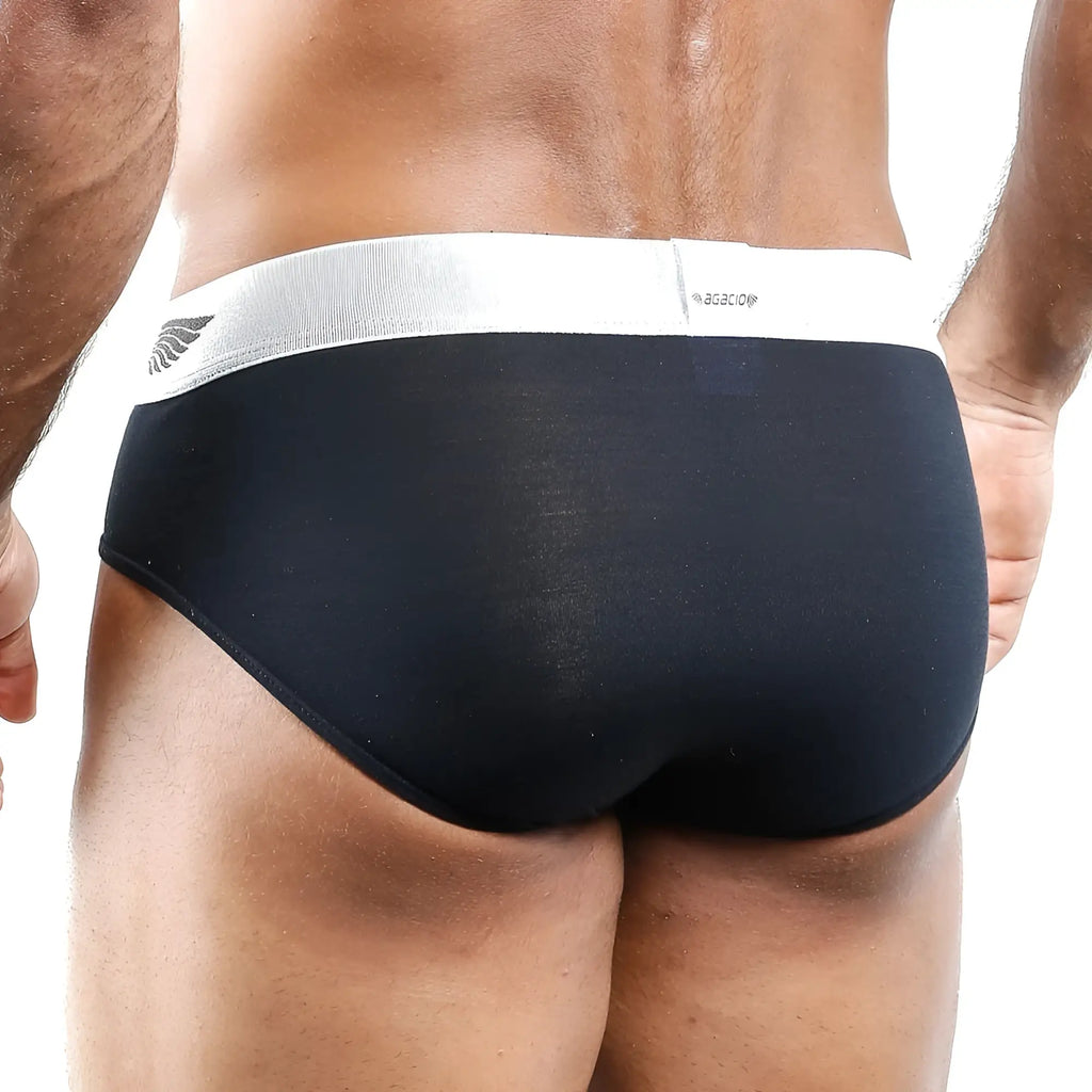 Black Agacio AGH014 briefs with white elastic waistband featuring baciami logo for comfortable everyday wear