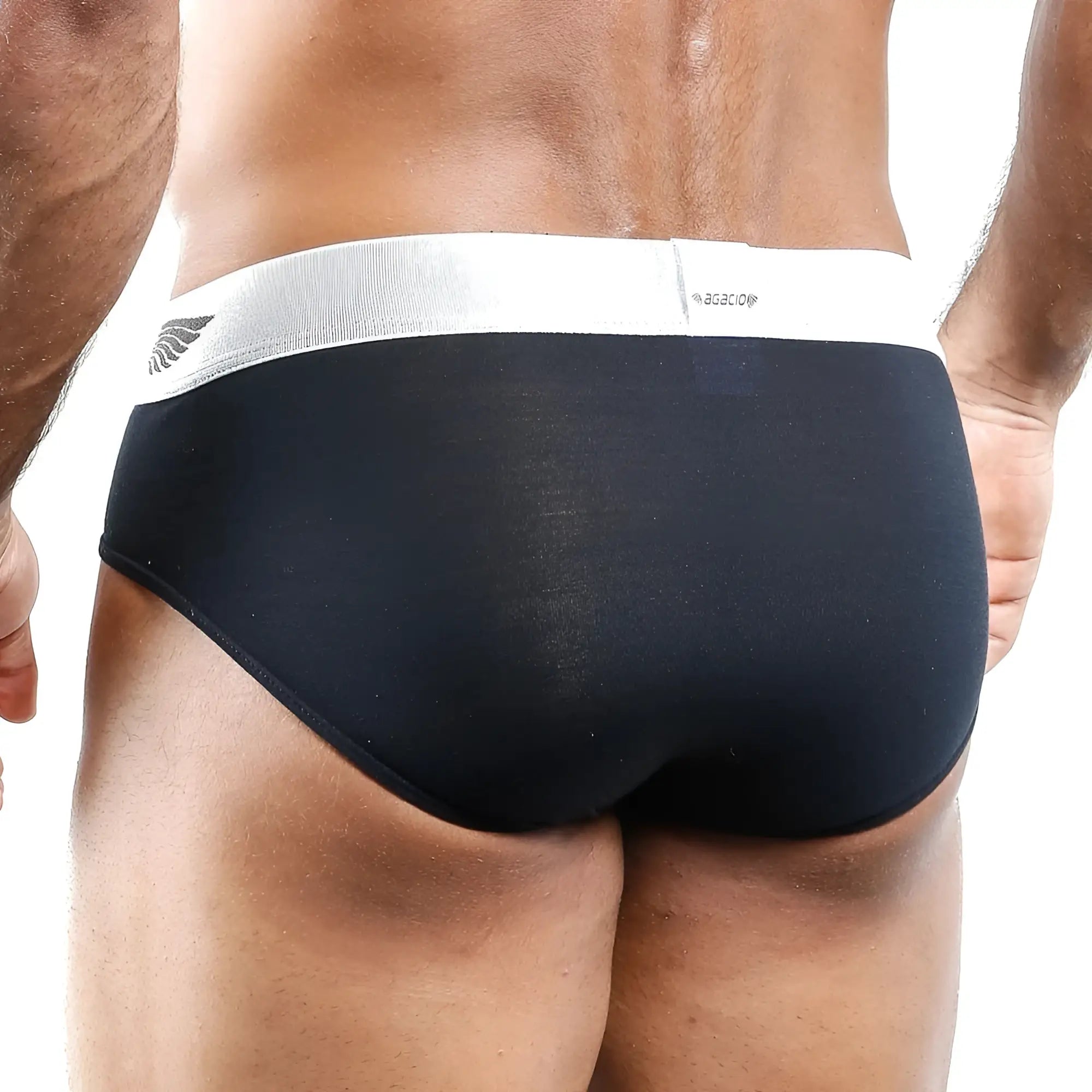 Black Agacio AGH014 briefs with white elastic waistband featuring baciami logo for comfortable everyday wear