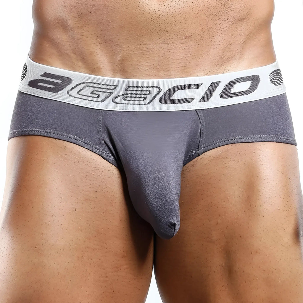 Gray agacio AGH014 brief with white elastic waistband featuring black lettering for comfortable everyday wear
