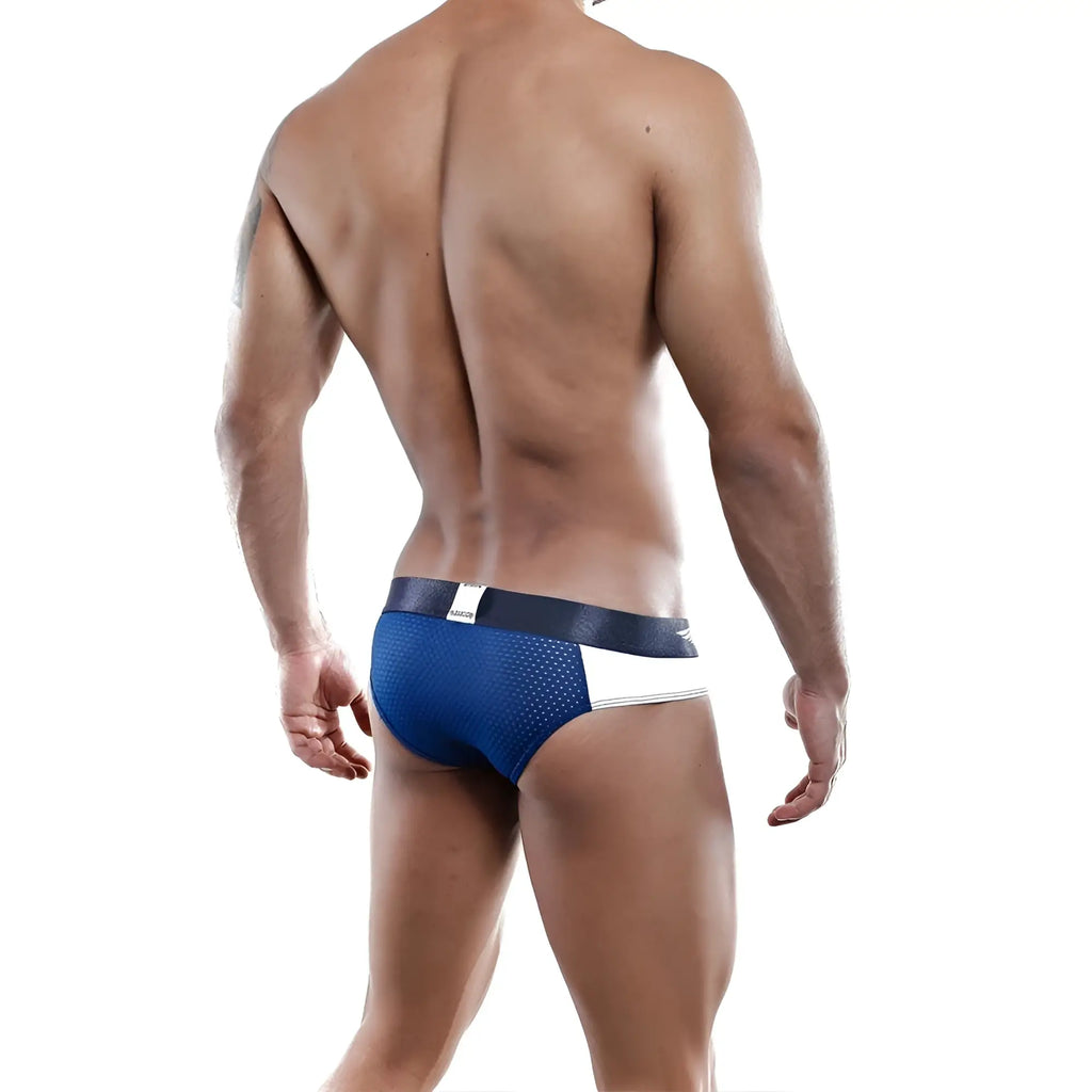Agacio AGH026 brief blue and white athletic mesh briefs with perforated design and black elastic waistband