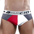 Agacio AGH028 brief featuring bold red white and gray geometric panels made from soft breathable fabric for men