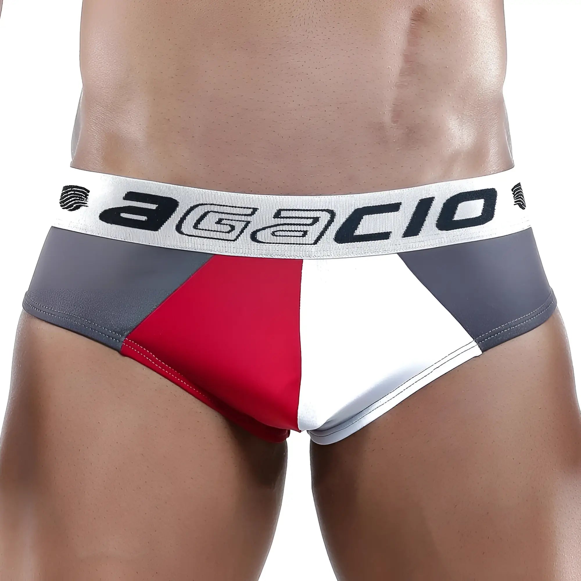 Agacio AGH028 brief featuring bold red white and gray geometric panels made from soft breathable fabric for men