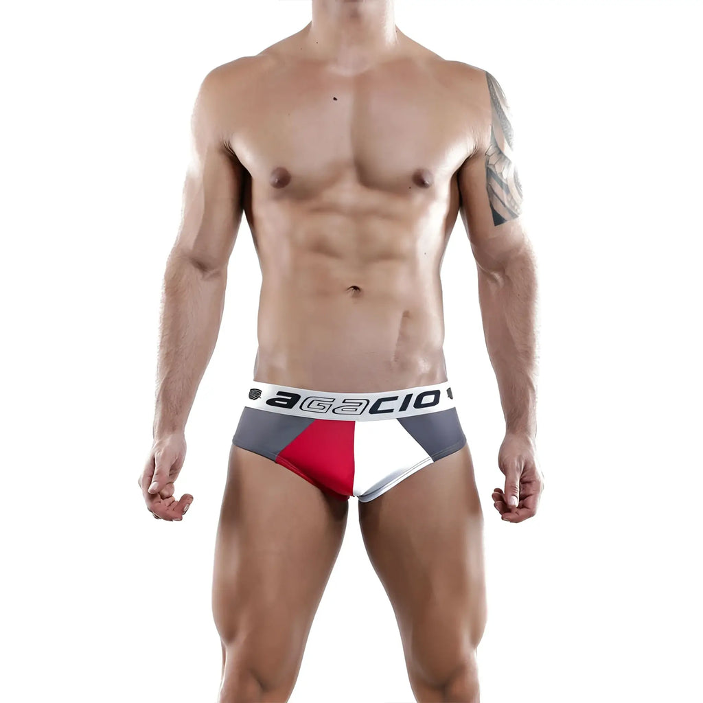 Agacio AGH028 brief for men in bold red white and gray color block with contrasting elastic waistband