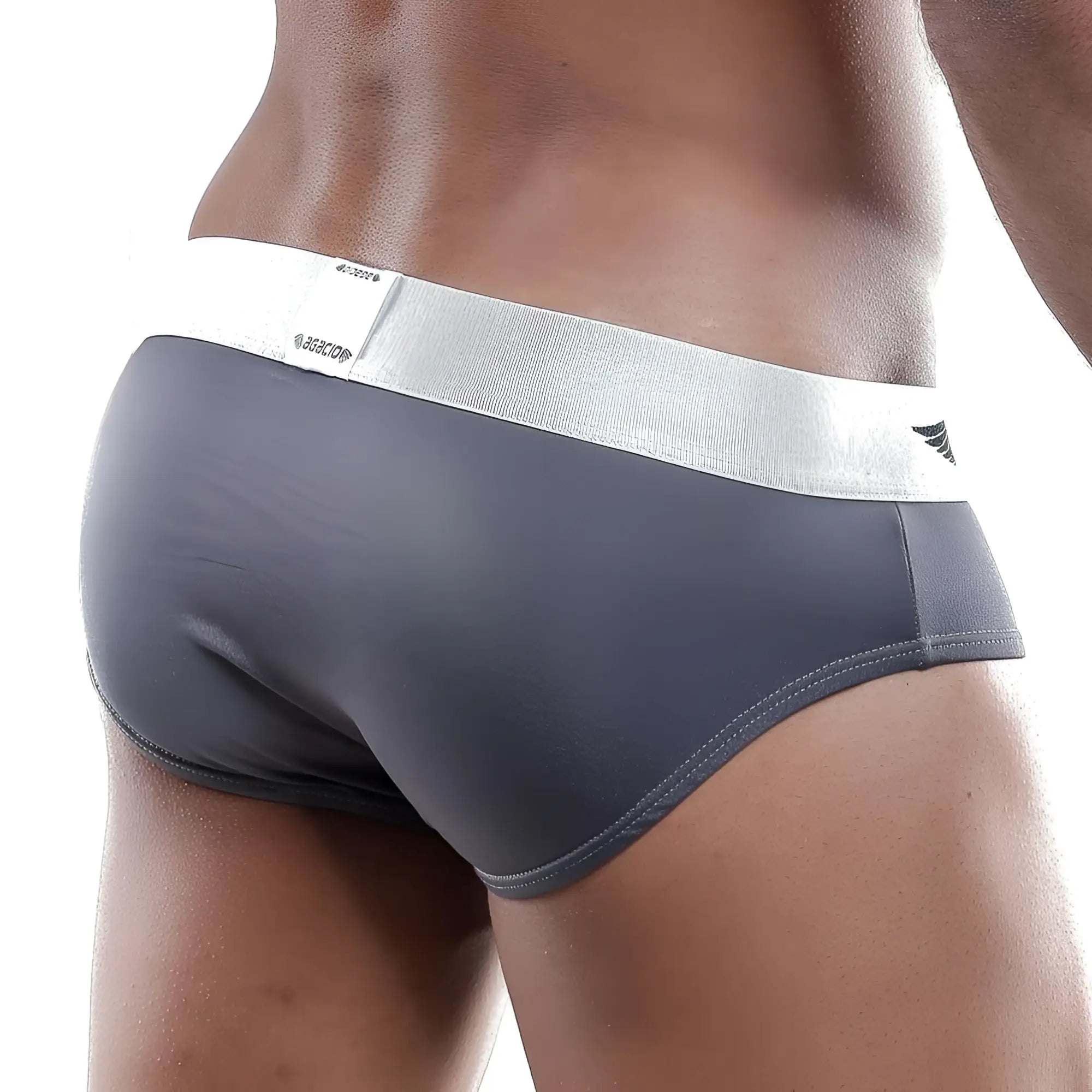 Agacio AGH028 gray athletic briefs with silver secor elastic waistband featuring brand name and logo
