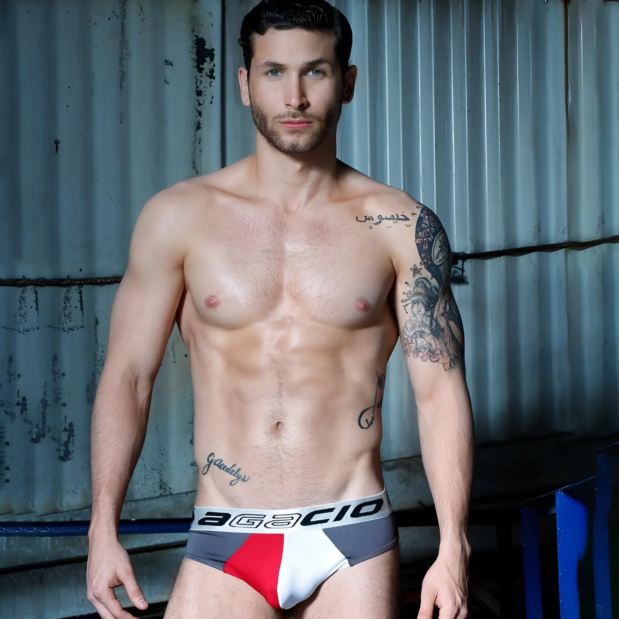 Gray red and white agacio AGH028 briefs with a bold logo waistband for comfortable everyday wear