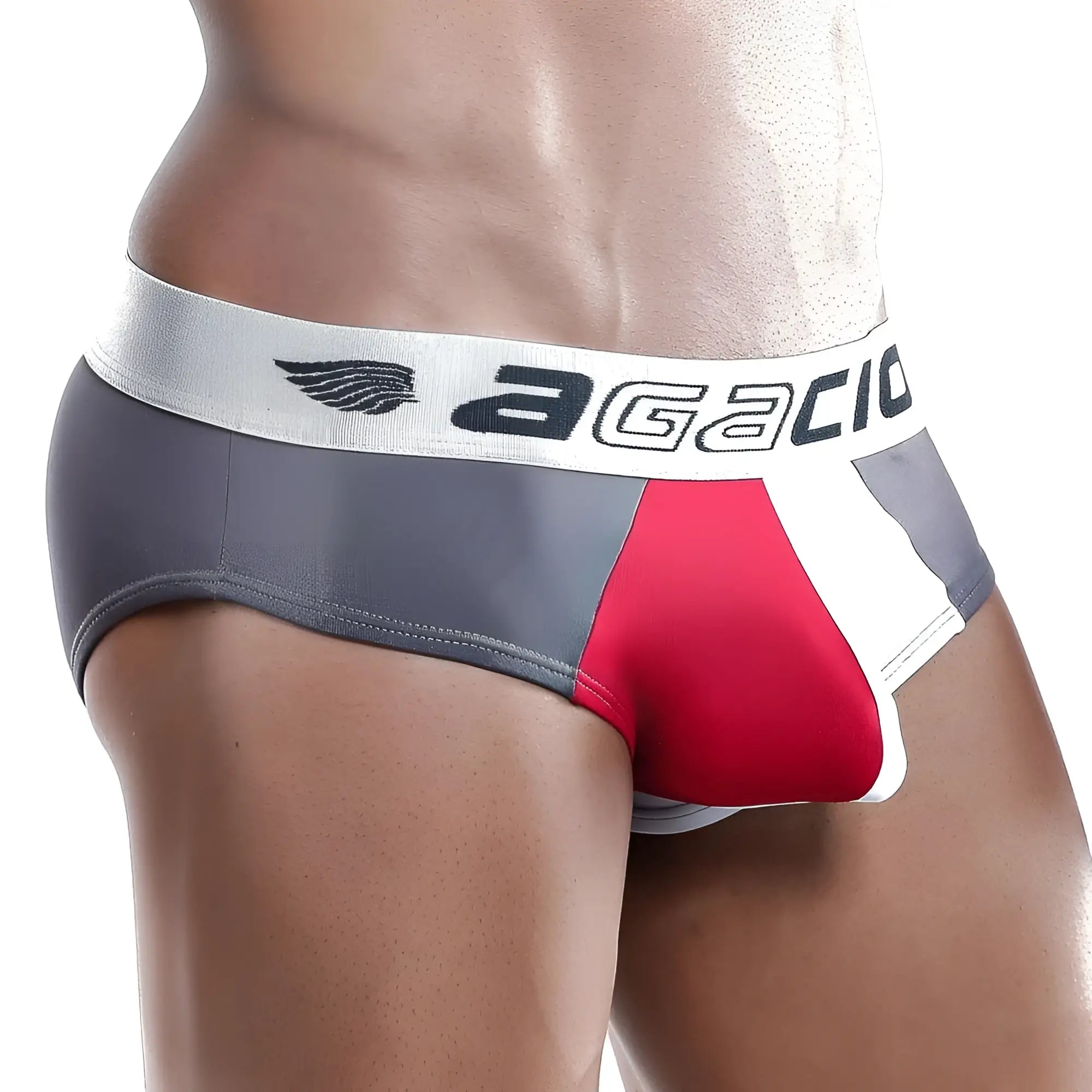 Agacio AGH028 briefs in gray red and white with wing logo on waistband made for comfortable wear