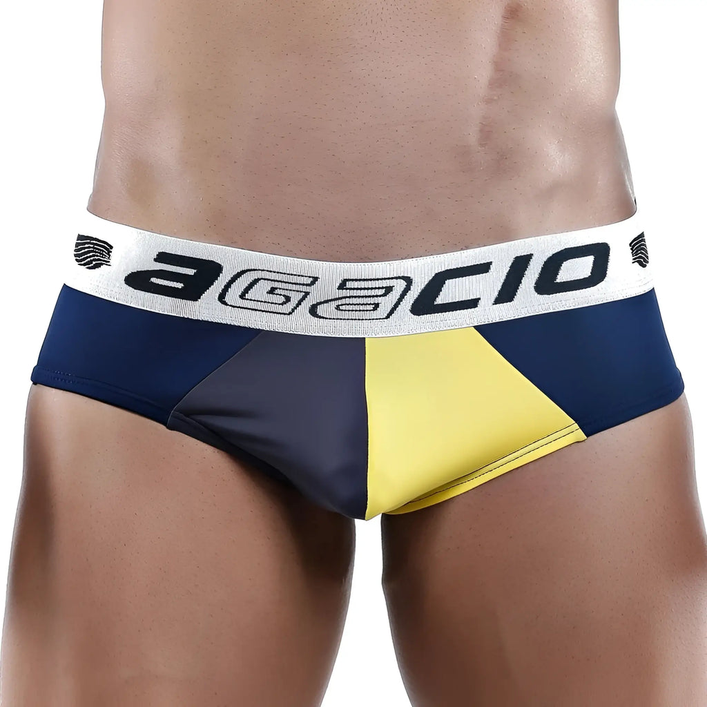 Agacio AGH028 brief in navy and yellow with white elastic waistband featuring branded design for comfortable wear