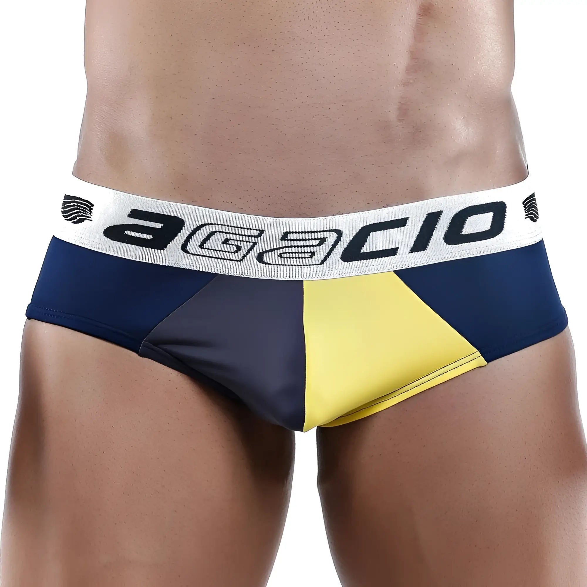 Agacio AGH028 brief in navy and yellow with white elastic waistband featuring branded design for comfortable wear