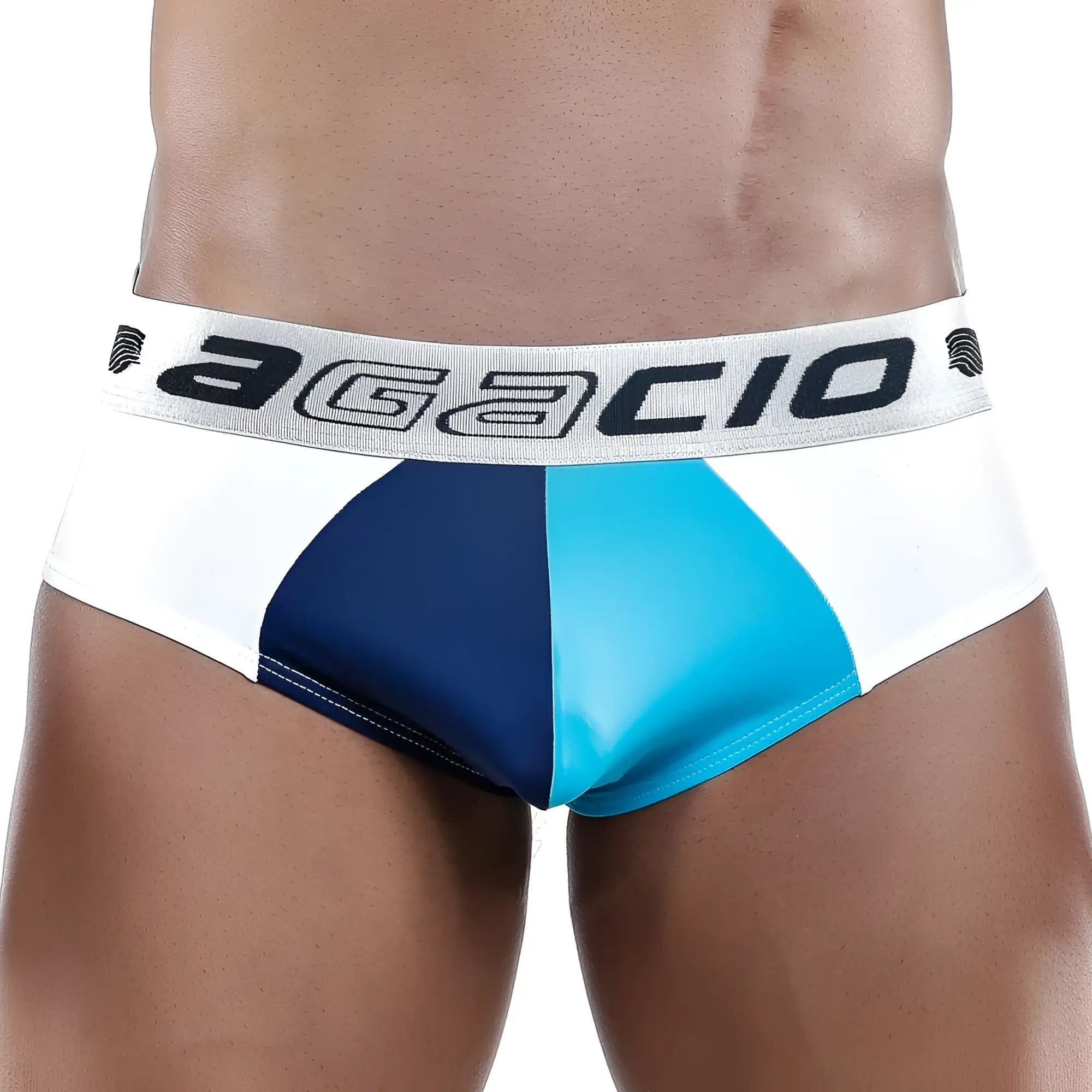 Agacio AGH028 brief in white navy blue and turquoise color-block with silver elastic waistband and brand name