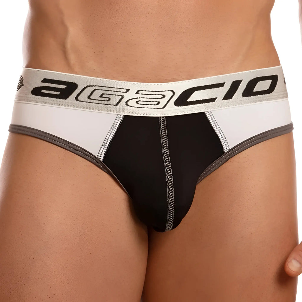 Black and white agacio AGH035 brief with gray trim designed for comfortable everyday wear