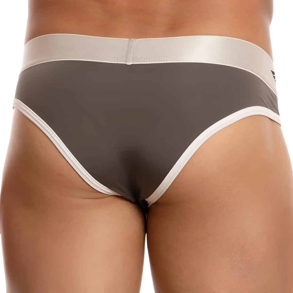 Gray agacio AGH035 briefs with satin-like waistband and white trim along leg openings for comfortable wear