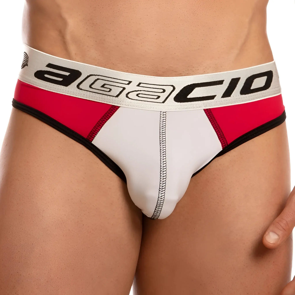 Red and white agacio agh035 brief with black trim showing front design in soft breathable fabric