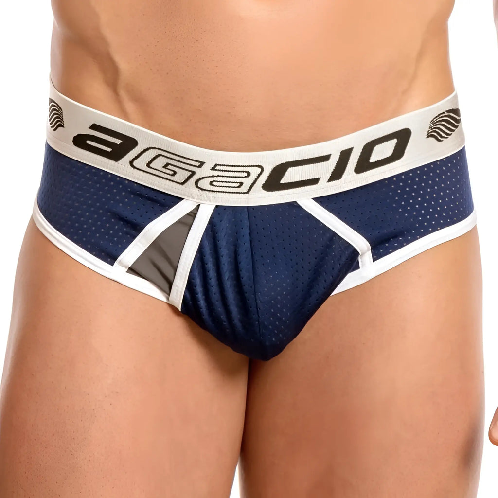 Navy blue mesh athletic briefs with white and gray trim featuring bold agacio logo on waistband from agacio agh036 brief
