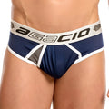 Navy blue mesh athletic briefs with white and gray trim featuring bold agacio logo on waistband from agacio agh036 brief
