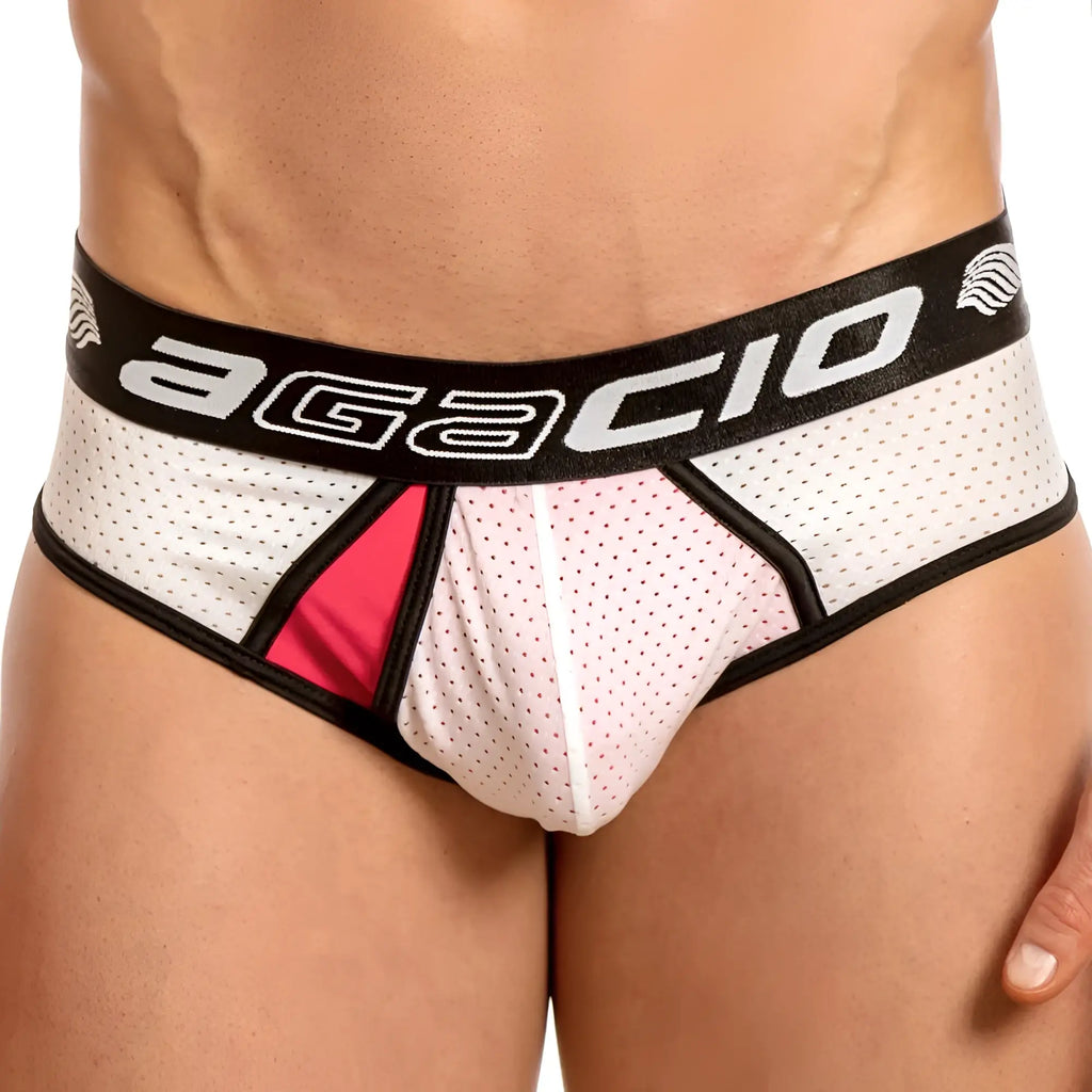 Agacio AGH036 brief white perforated mesh with bold pink triangular panel black trim and agacio logo waistband