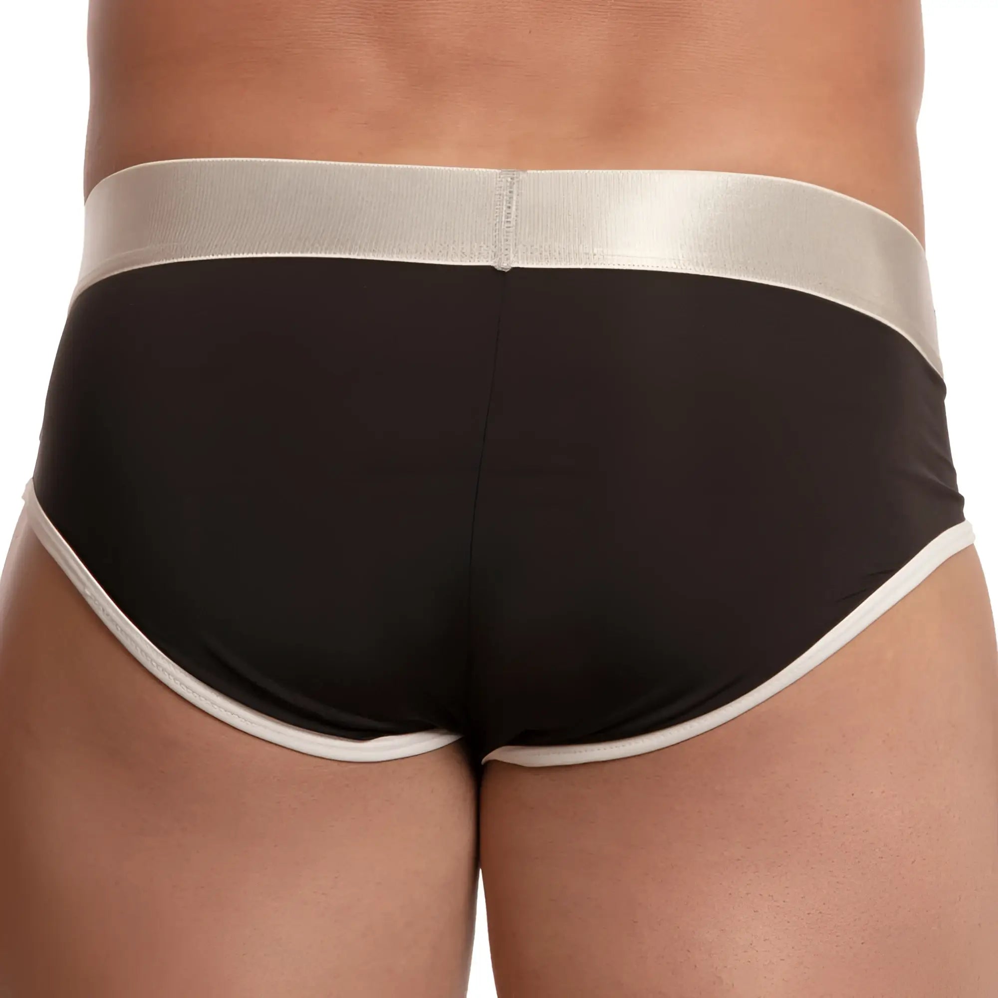 Agacio AGH040 brief in black with silver waistband and white trim along the leg openings