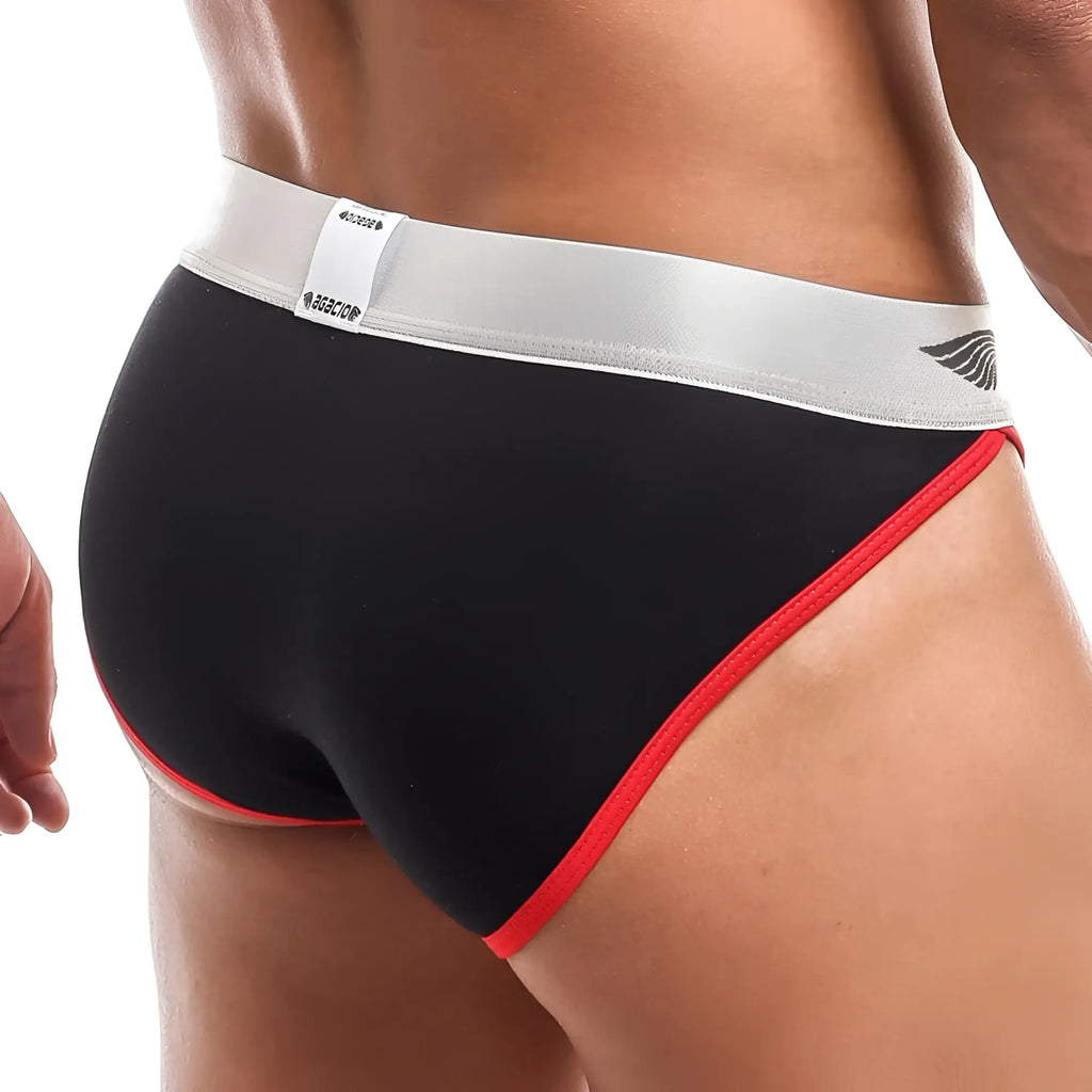 Black agacio agi009 bikini brief with silver waistband red trim and reactor brand logo in front view