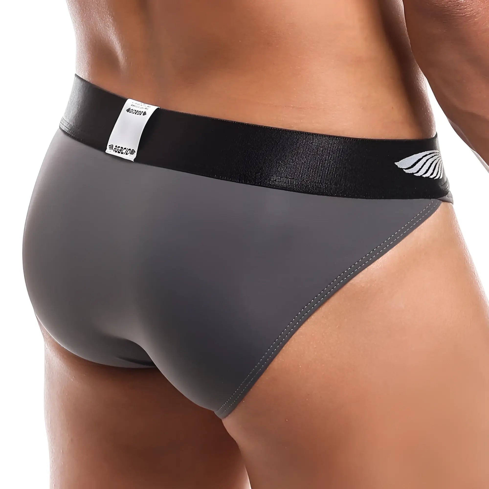 Gray agacio agi010 bikini athletic briefs with black waistband white wing logo and small brand tag