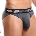 Gray and blue agacio AGI010 bikini briefs with black waistband and white lettering showcasing branded design