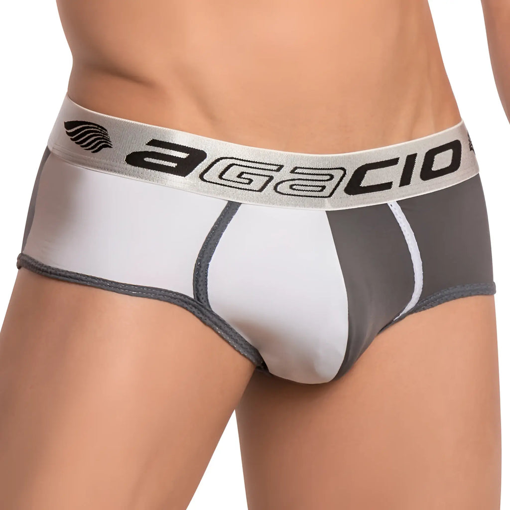 Agacio AGI011 brief men’s underwear in white and gray colorblock with contrasting stitching for comfortable wear