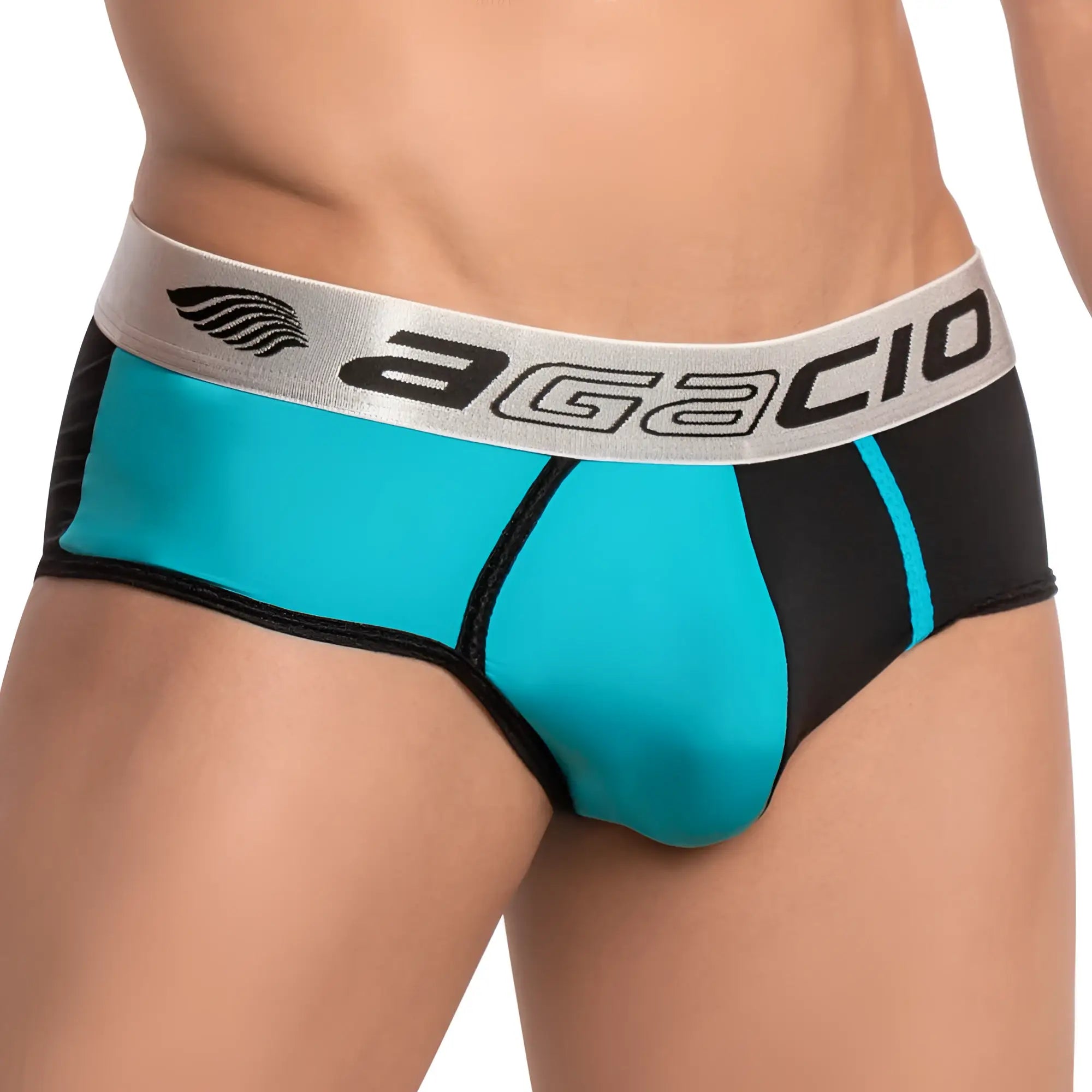 Agacio AGI011 brief men’s underwear in vibrant teal and black with contrasting stitching for comfortable support